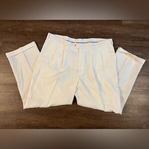 NEW Paul Fredrick Pleated 100% Linen Pants White 44x30 Waist Cuffed C43